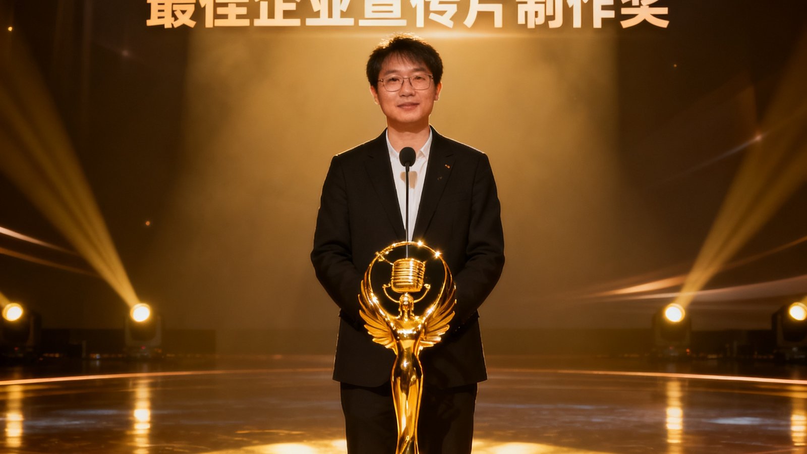 2024金瞳奖颁奖典礼现场，SA视讯代表上台领取最佳企业宣传片制作奖，舞台上金色奖杯在聚光灯下熠熠生辉。