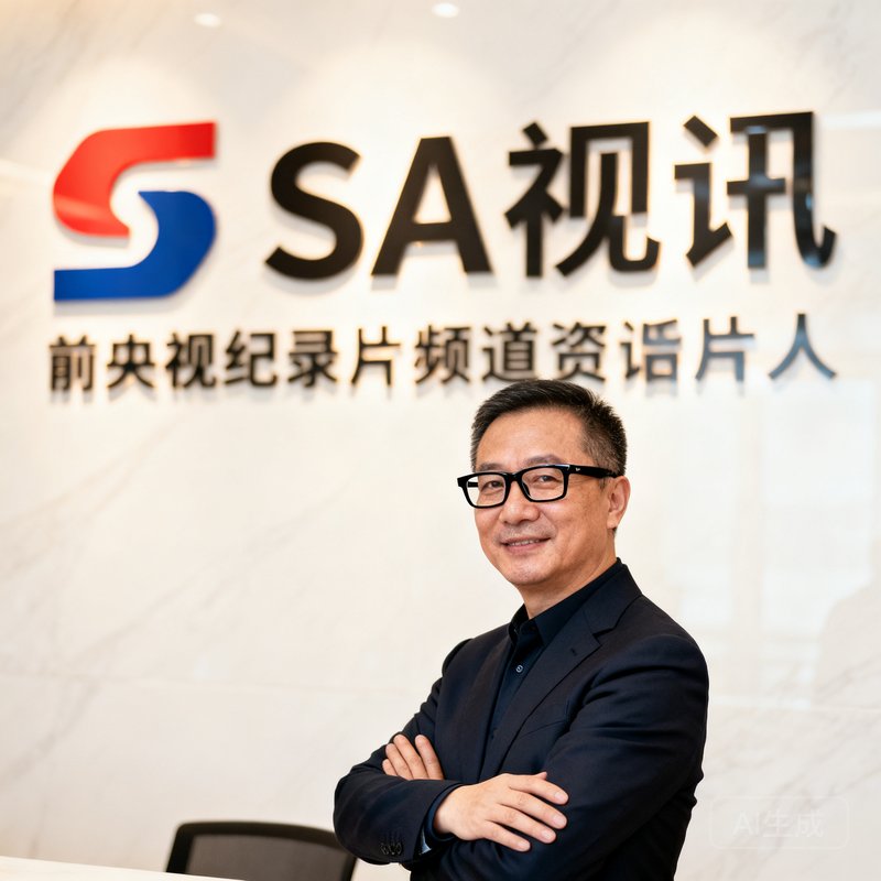 SA视讯创始人兼CEO周铭远，45岁，前央视纪录片频道资深制片人，戴黑框眼镜，穿深色西装，双手交叉置于胸前，背景为公司LOGO墙，神情自信从容。